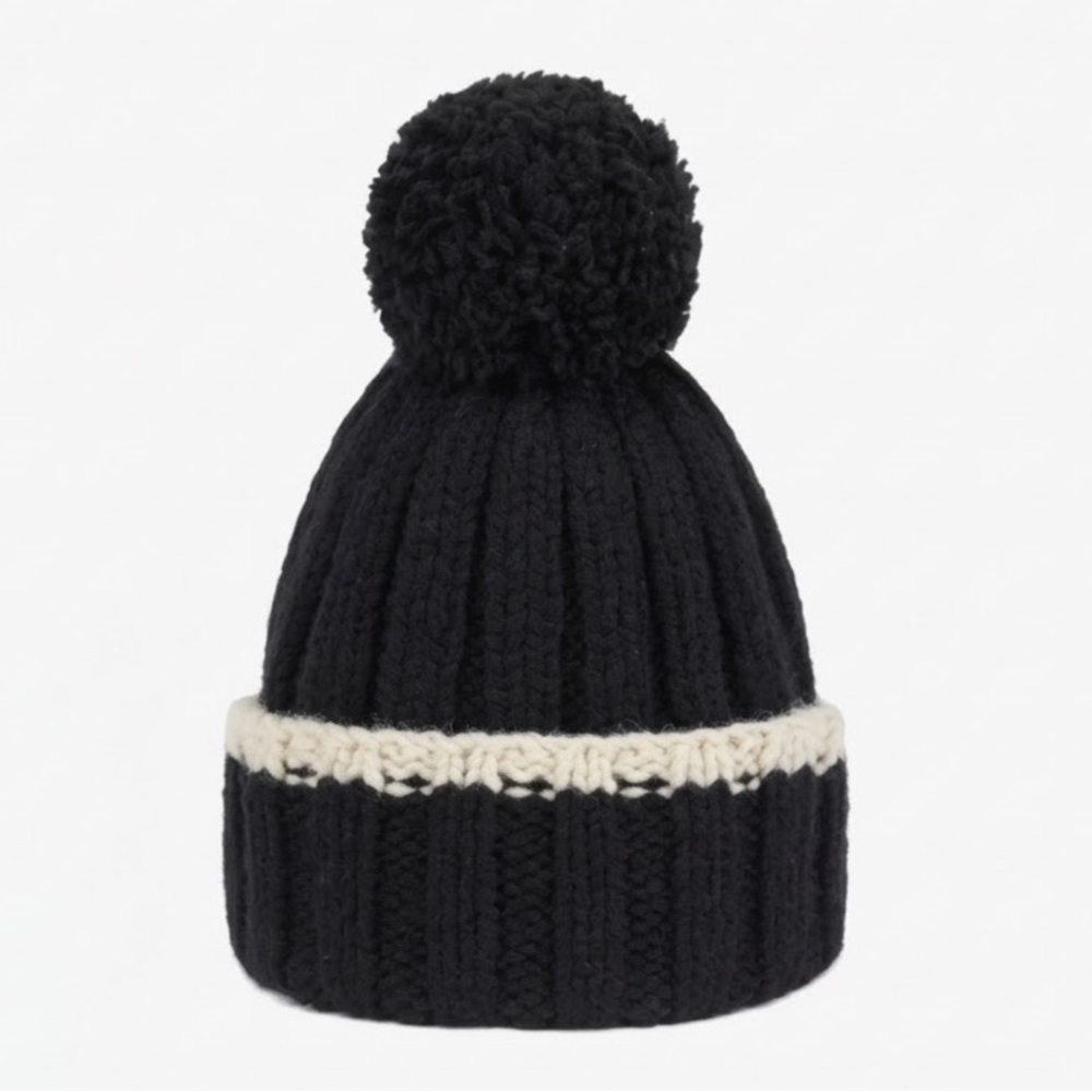 100% Wool Knit Pom Pom Beanie Black Cream Stripe Soft Stretchy Cozy Winter Hat